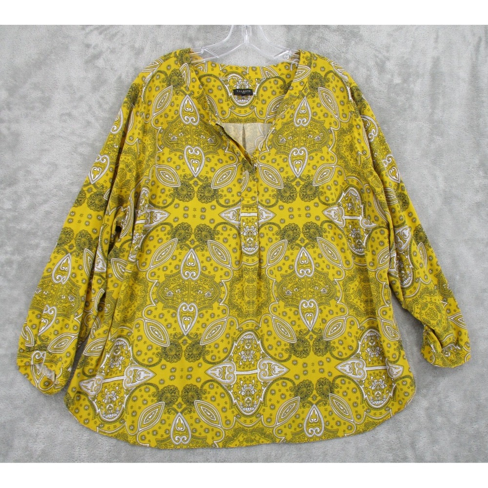 Talbots Shirt Womens 2X Yellow Popover Boho Paisley Relaxed Boxy Office Career